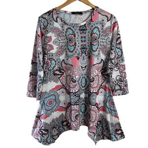 Mirol Colorful Blouse XL Kaleidoscope Patterned 3/4 Sleeves Sharkbite Hem Tunic